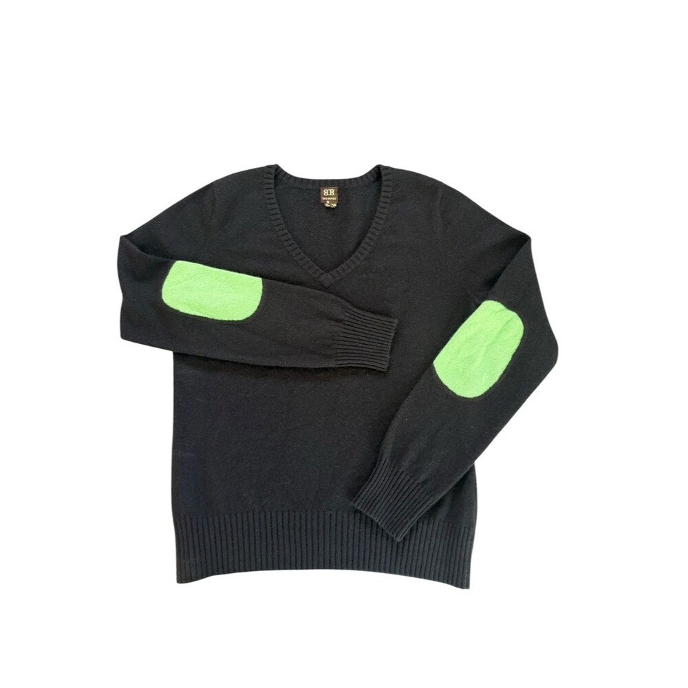 Boo Gemes Chocolate Brown Cashmere Sweater Green Elbow Patch V Neck Womens Large